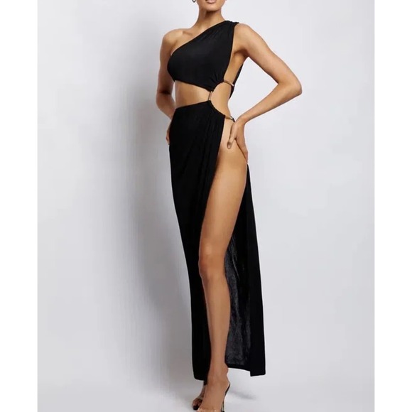 Meshki Paige Ruched Side Cut Out Maxi Dress Black One Shoulder Gold Ring XL NWT